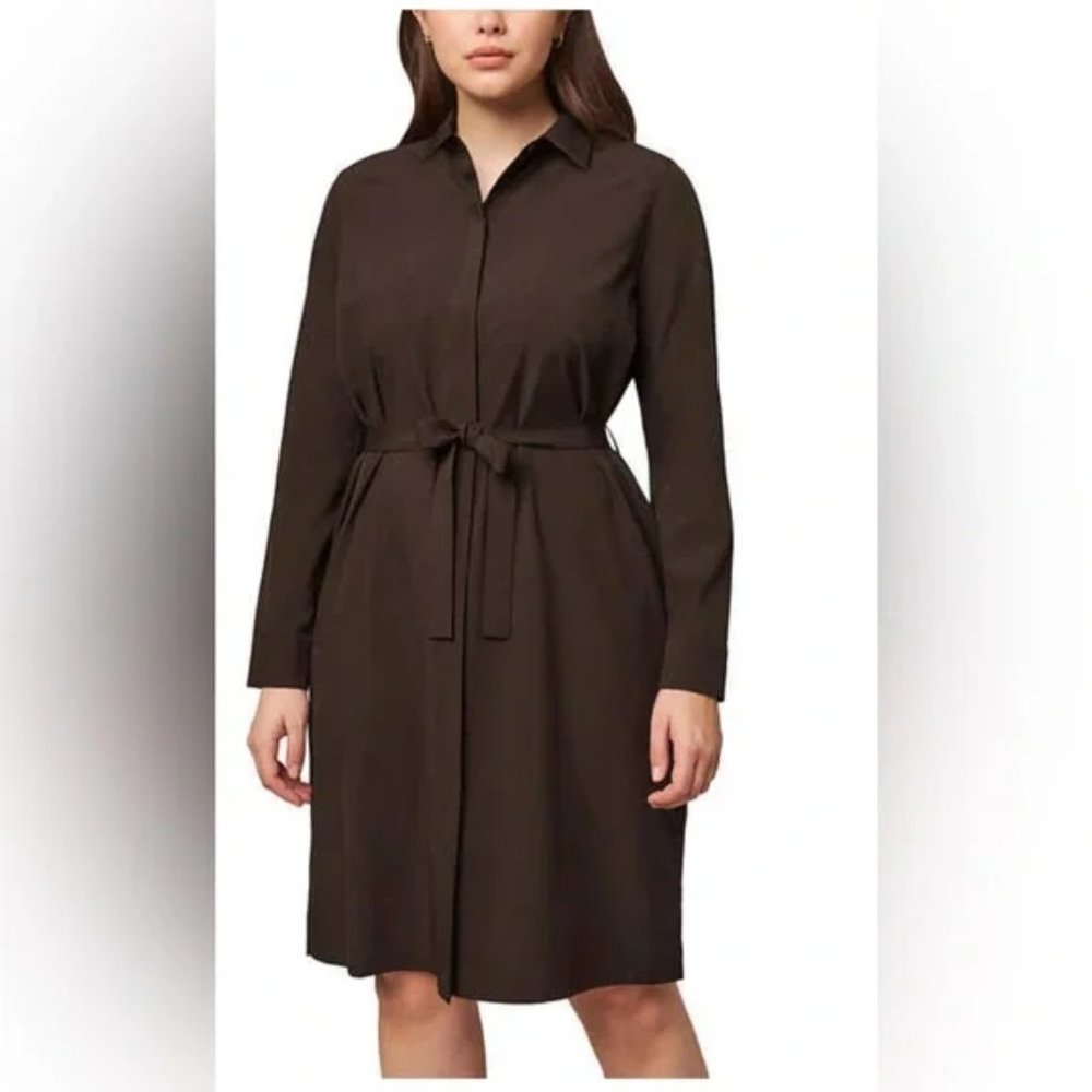 NWT Modern Ambition Women Long Sleeve Tie-Waist Shirtdress Brown M $100 Z863